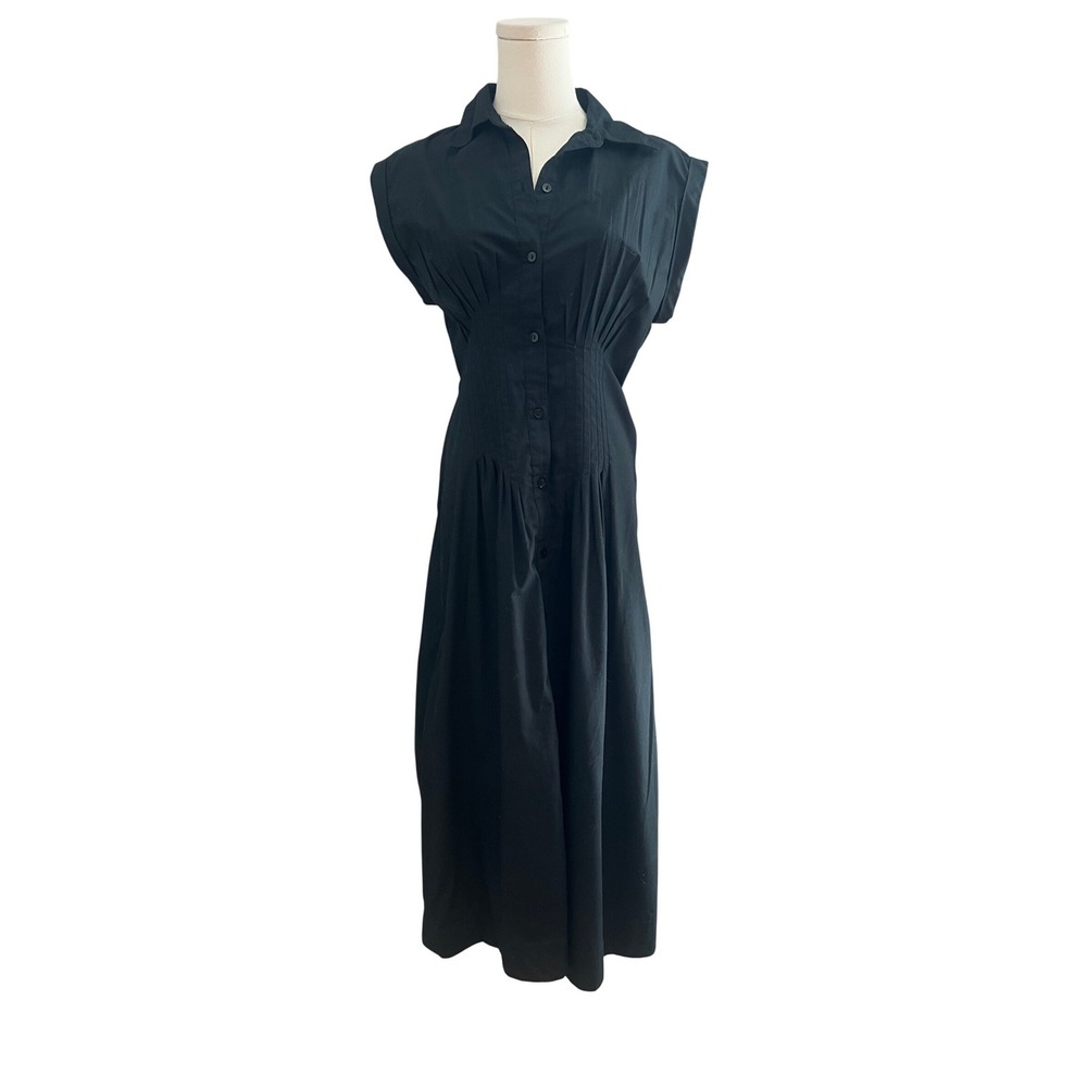 Abercrombie & Fitch Pleated Waist Midi Shirt Dress Womens Size ST Black Cotton